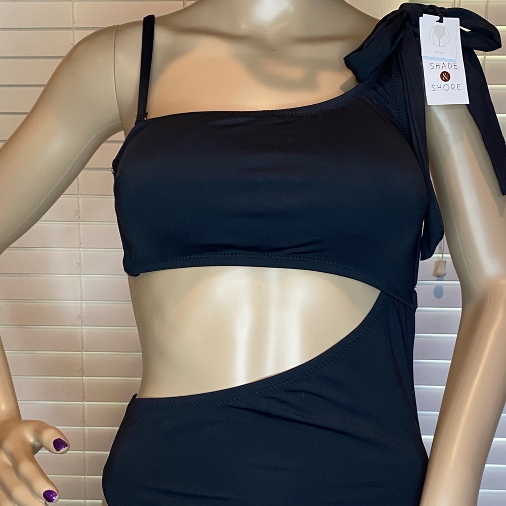 Shade & Shore One Shoulder Bow Side Cut-Out 1-Piece Swimsuit Black Sz Small NWT - Picture 4 of 12